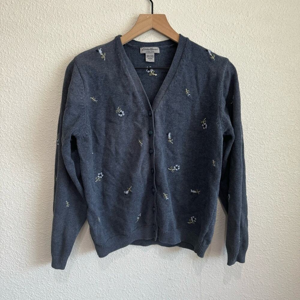 Eddie Bauer Womens Gray Floral Embroidered Cottagecore Cardigan Sweater‎ Large